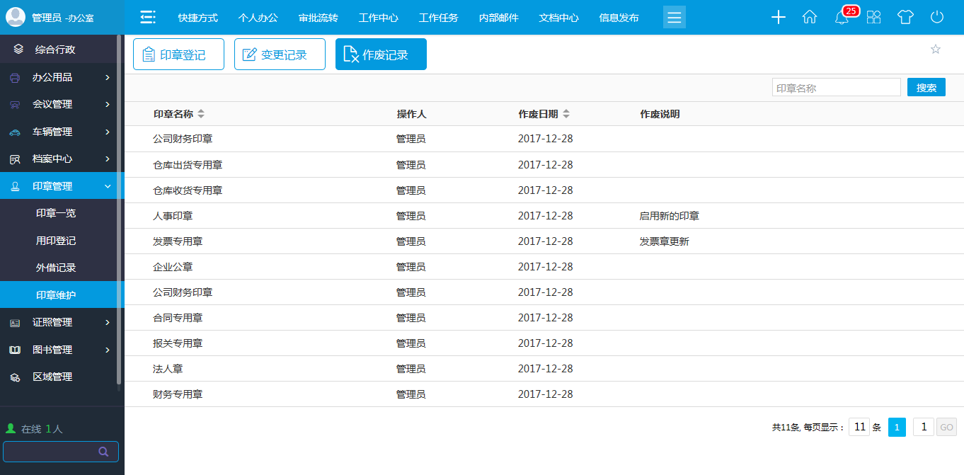 oa印章維護-進行新建、修改、作廢等維護操作